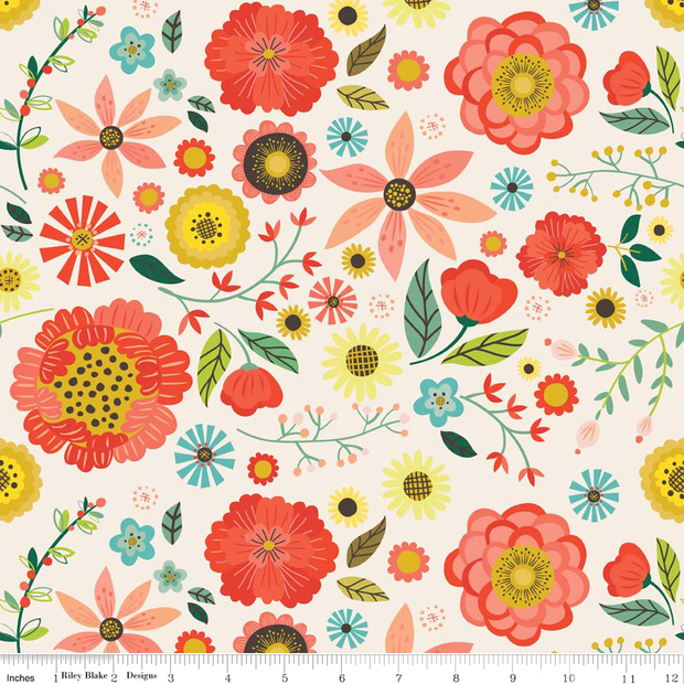 Roots Main Floral Cream Cotton Lycra Knit Fabric by Riley Blake