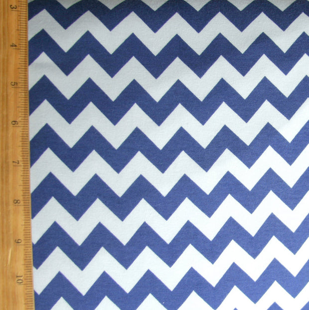 Royal Blue Chevron on White Cotton Lycra Knit Fabric