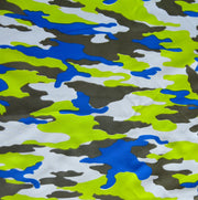 Royal, Lime, Charcoal, and Light Blue Camo Microfiber Boardshort Fabric
