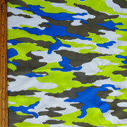 Royal, Lime, Charcoal, and Light Blue Camo Microfiber Boardshort Fabric