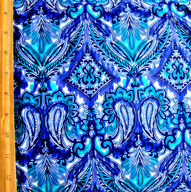 Royal, Teal, Navy Paisley Nylon Lycra Swimsuit Fabric - 11" Remnant