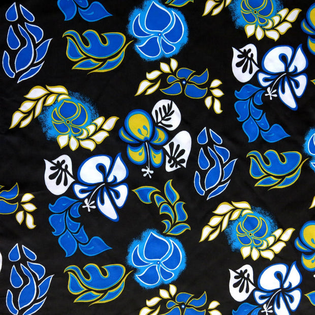 Royal, Turquoise, and Yellow Hibiscus on Black Microfiber Boardshort Fabric