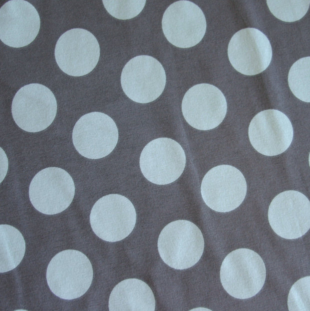 Sage Polka Dots on Grey Cotton Lycra Knit Fabric