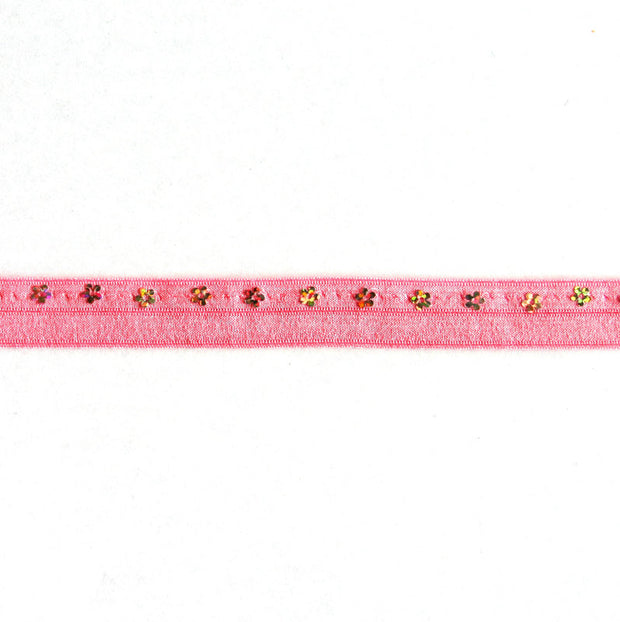 Flower Sequins on Bubblegum Pink Fold Over Elastic Trim