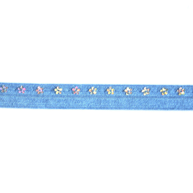 Flower Sequins on Medium Blue Fold Over Elastic Trim