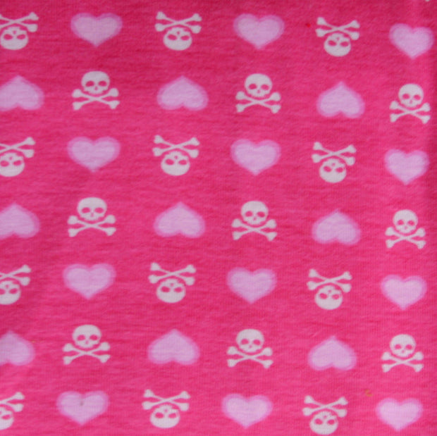White Skulls and Pink Hearts on Bright Pink Cotton Knit Fabric - Seconds - Not Quite Perfect