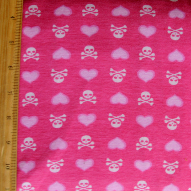 White Skulls and Pink Hearts on Bright Pink Cotton Knit Fabric - Seconds - Not Quite Perfect