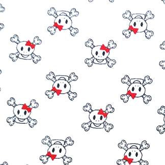 Skulls with Red Bows on White Cotton Lycra Knit Fabric