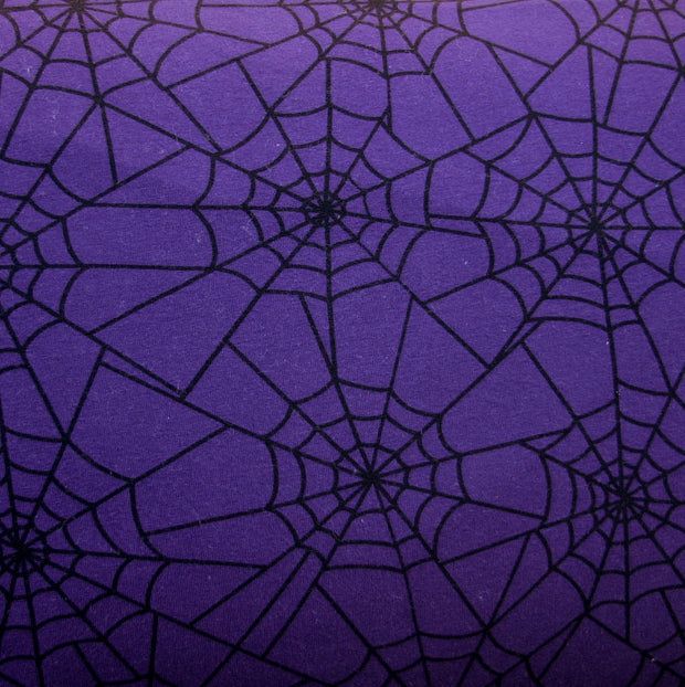 Spiderwebs on Purple Cotton Lycra Knit Fabric - 22" Remnant Piece