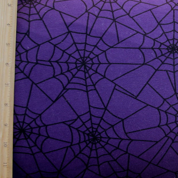 Spiderwebs on Purple Cotton Lycra Knit Fabric - 22" Remnant Piece