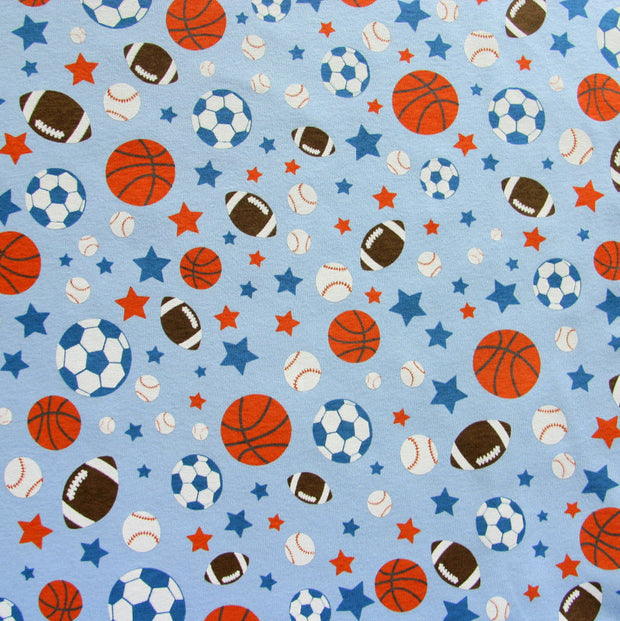 Sports and Stars on Blue Cotton Knit Fabric