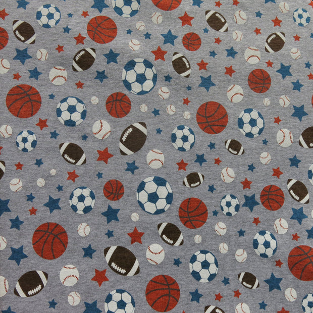 Sports and Stars on Heathered Grey Cotton Knit Fabric - 20" Remnant