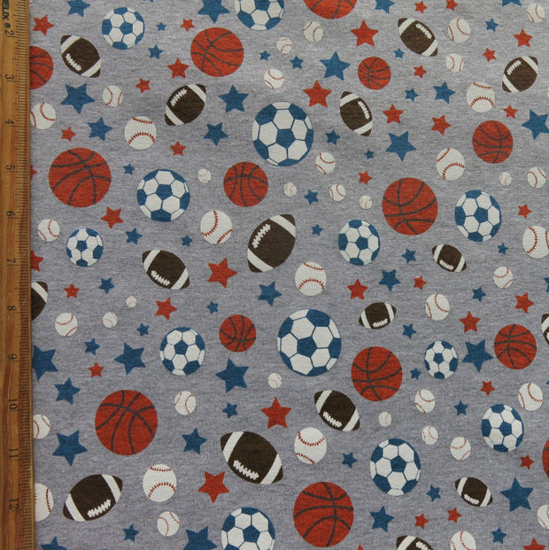 Sports and Stars on Heathered Grey Cotton Knit Fabric