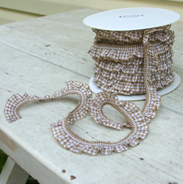 Taupe Gingham Ruffle Stretch Trim