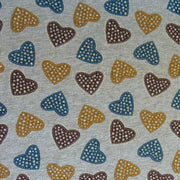 Teal, Plum, Mustard Hearts with Silver Jersey Knit Fabric