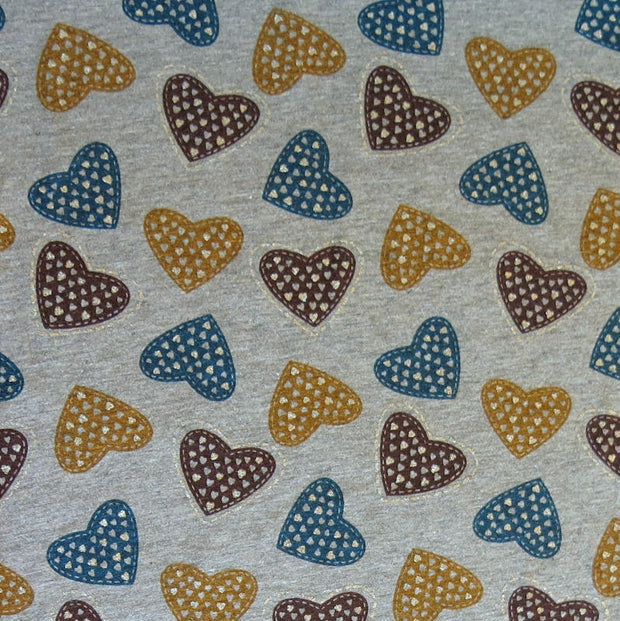Teal, Plum, Mustard Hearts with Silver Jersey Knit Fabric - 23" Remnant