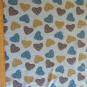 Teal, Plum, Mustard Hearts with Silver Jersey Knit Fabric