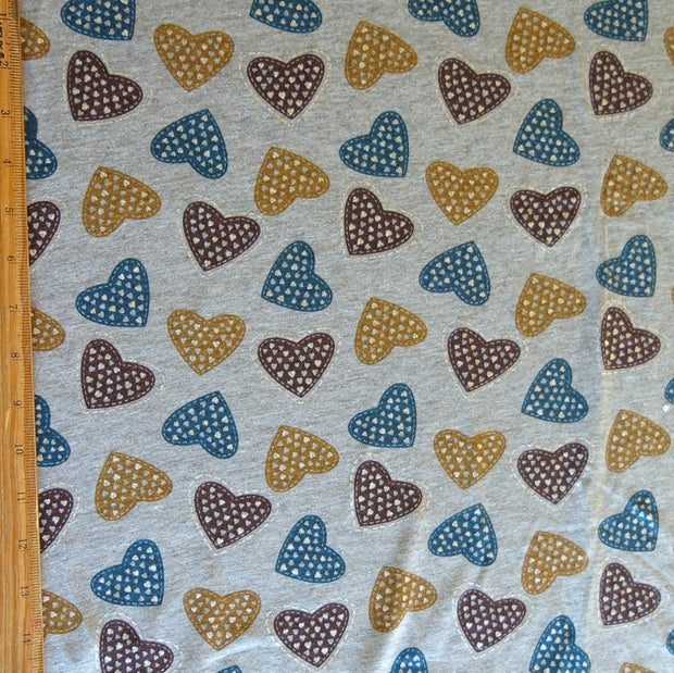 Teal, Plum, Mustard Hearts with Silver Jersey Knit Fabric