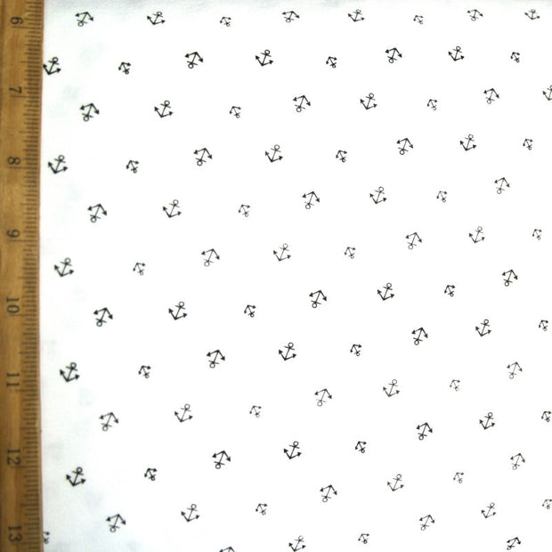 Tiny Anchors on White Cotton Knit Fabric