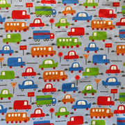 Transportation on Light Blue Cotton Knit Fabric
