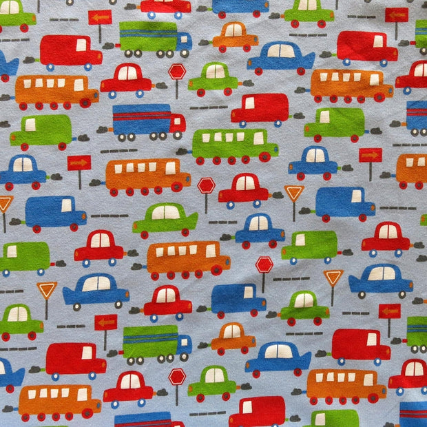 Transportation on Light Blue Cotton Knit Fabric