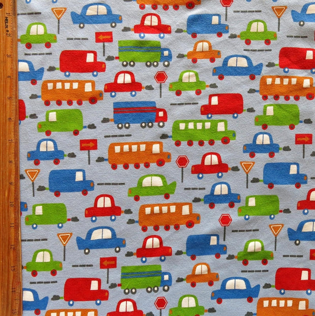 Transportation on Light Blue Cotton Knit Fabric