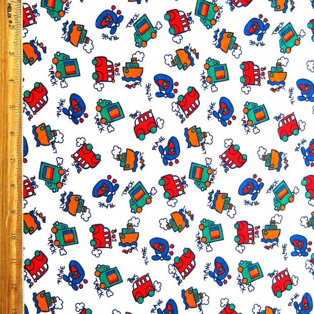 Transportation on White Cotton Knit Fabric