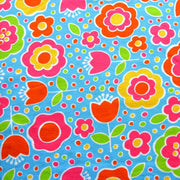 Tulips, Daisies, and Dots on Blue Cotton Lycra Knit Fabric