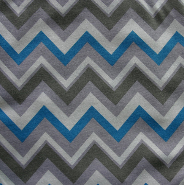 Turquoise Blue, Green, and Grey Chevrons on White Jersey Knit Fabric