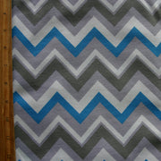 Turquoise Blue, Green, and Grey Chevrons on White Jersey Knit Fabric