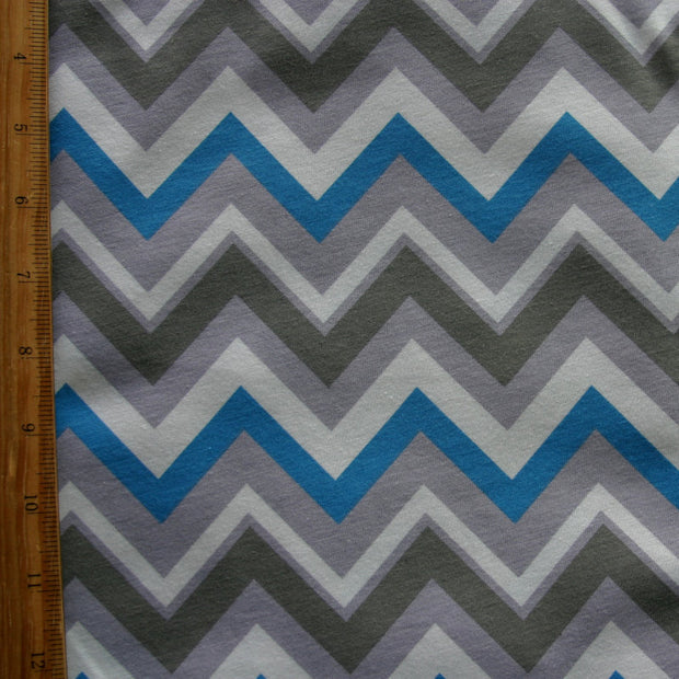 Turquoise Blue, Green, and Grey Chevrons on White Jersey Knit Fabric