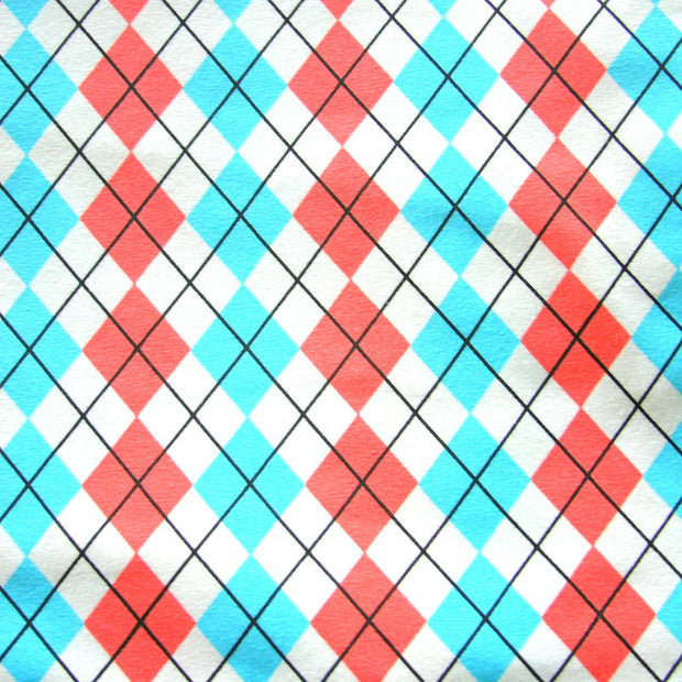 Turquoise and Coral Argyle Cotton Lycra Knit Fabric