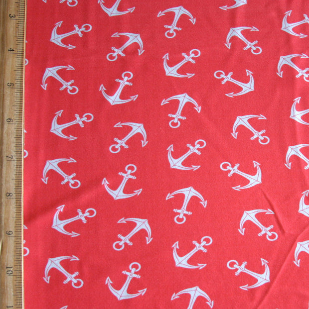 White Anchors on Coral Nylon Lycra Swimsuit Fabric