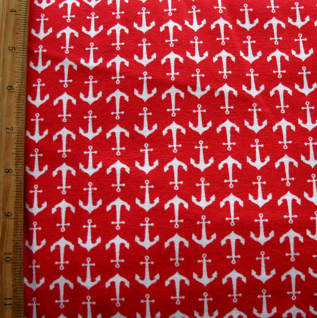 White Anchors on Red Cotton Lycra Knit Fabric by Riley Blake