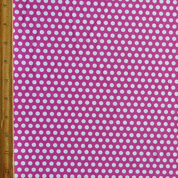 White Aspirin Polka Dots on Fuschia Nylon Spandex Swimsuit Fabric