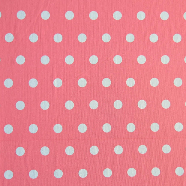 White Dime Sized Polka Dots on Coral Nylon Spandex Swimsuit Fabric - SECONDS