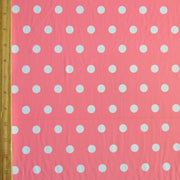 White Dime Sized Polka Dots on Coral Nylon Spandex Swimsuit Fabric - SECONDS