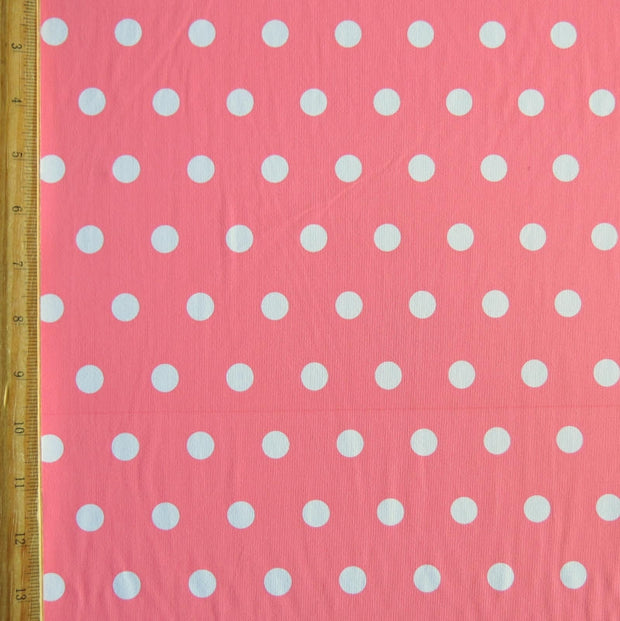 White Dime Sized Polka Dots on Coral Nylon Spandex Swimsuit Fabric - SECONDS