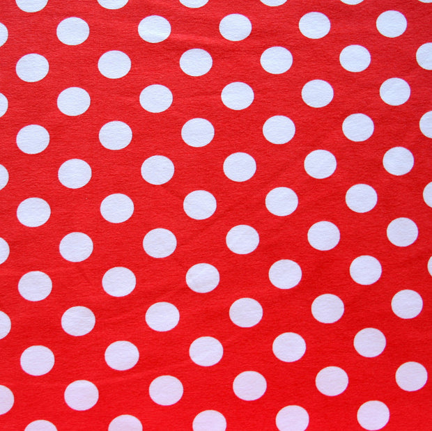 White Dime Sized Polka Dots on Red Cotton Lycra Knit Fabric