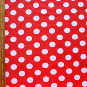 White Dime Sized Polka Dots on Red Cotton Lycra Knit Fabric