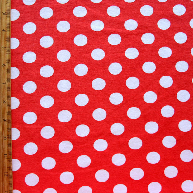 White Dime Sized Polka Dots on Red Cotton Lycra Knit Fabric