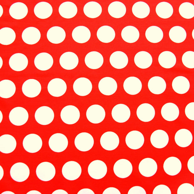 White Jumbo Dots on Orange/Red Nylon Lycra Swimsuit Fabric