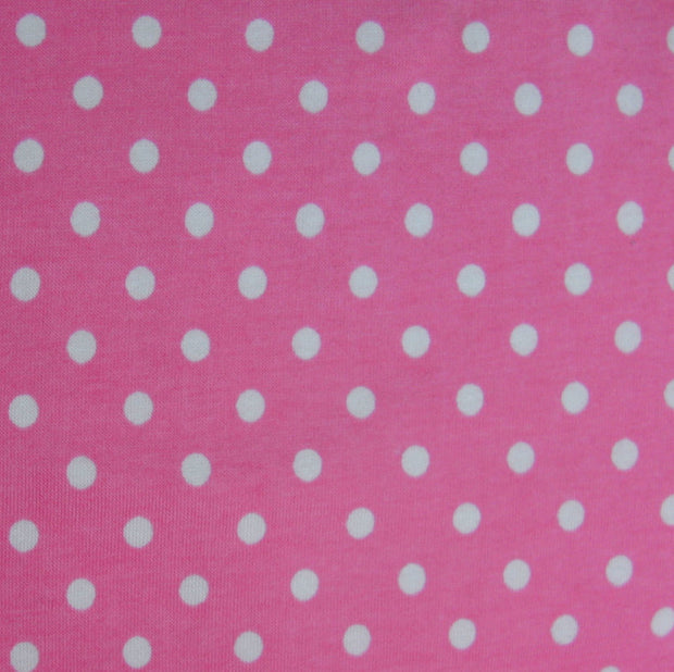 White Eraser Polka Dots on Pink Cotton Lycra Knit Fabric