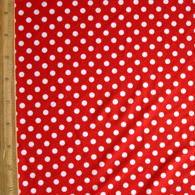 White Eraser Polka Dots on Red Nylon Lycra Swimsuit Fabric - 30" Remnant Piece