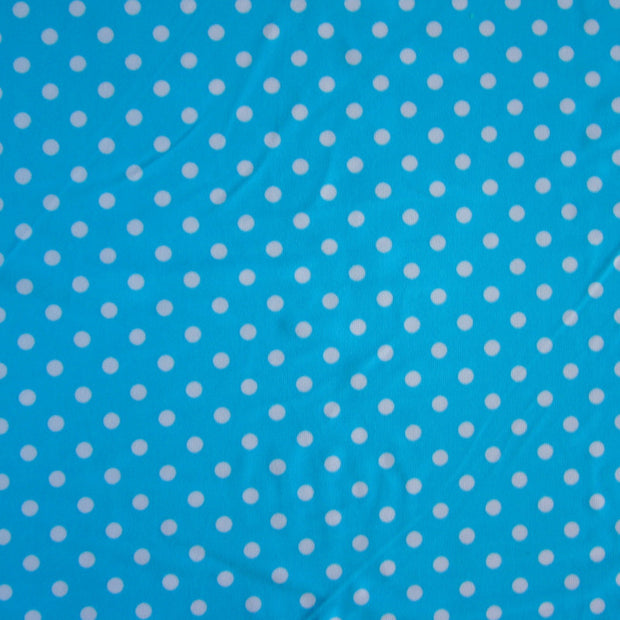 White Eraser Polka Dots on Turquoise Blue Nylon Lycra Swimsuit Fabric