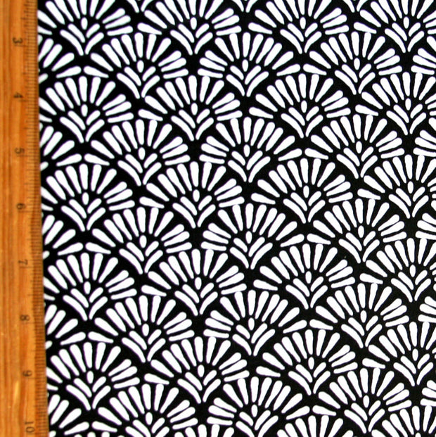 White Fans on Black Nylon Lycra Swimsuit Fabric