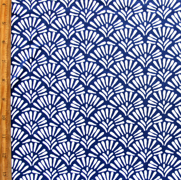 White Fans on Navy Nylon Lycra Swimsuit Fabric