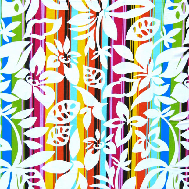 White Foliage on Stripes Nylon Spandex Swimsuit Fabric - 33" Remnant
