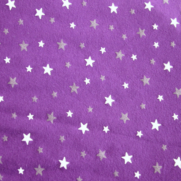 White and Grey Scattered Stars on Purple Cotton Lycra Knit Fabric