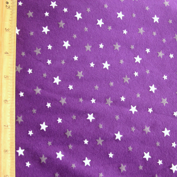 White and Grey Scattered Stars on Purple Cotton Lycra Knit Fabric